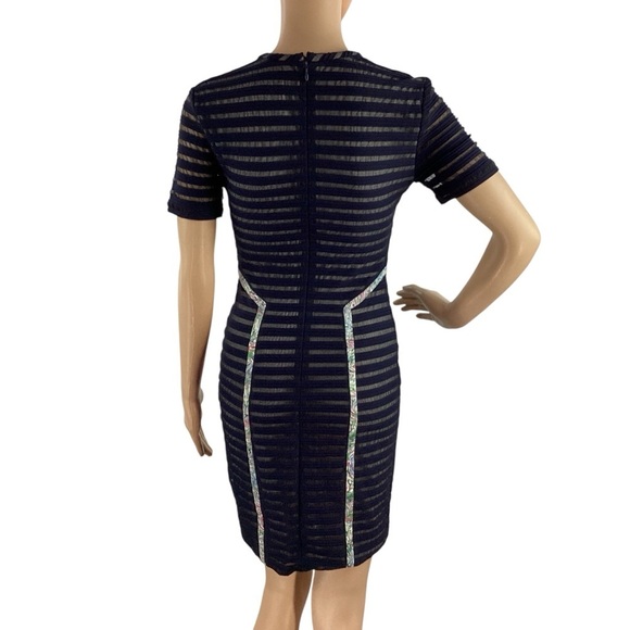 Yigal Azrouël Sheer Striped Bodycon Dress with Floral Trim Navy 2 - Picture 5 of 7